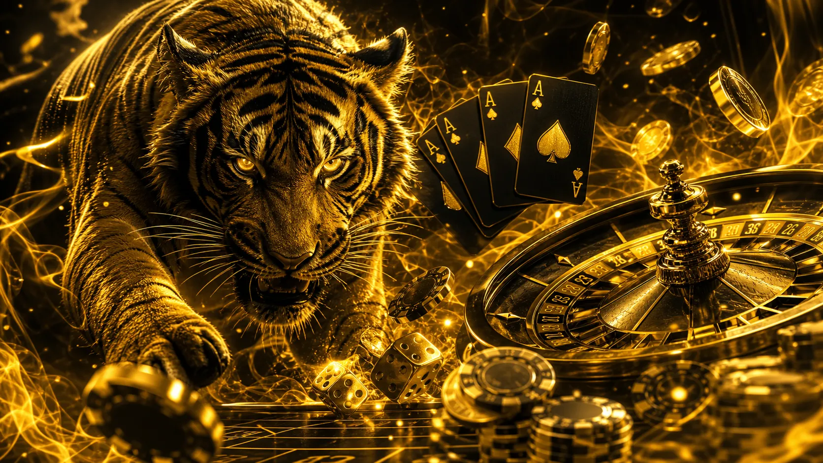 Cinematic hero banner with casino elements, featuring poker chips, cards, and tiger motifs in a vibrant gold and black palett