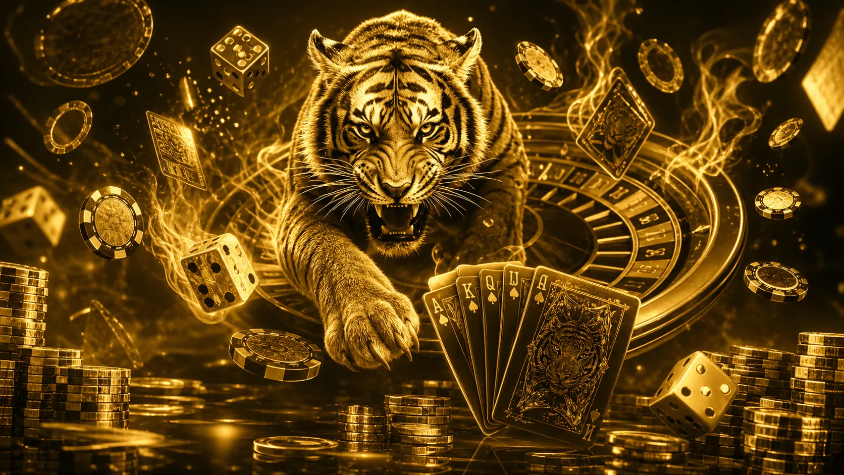 Futuristic holographic casino scene with glowing poker chips and dice inspired by tiger themes in vibrant neon colors.